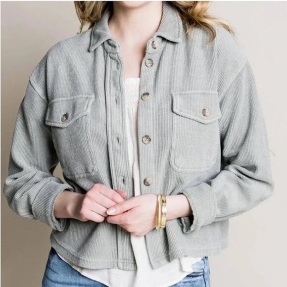 Altar'd State Light Gray Corduroy Button Down Shacket Jacket Oversized Medium - Picture 1 of 7